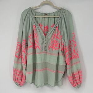 Free People Mint Green Neon Pink Embroidered Peasant Blouse Top Small